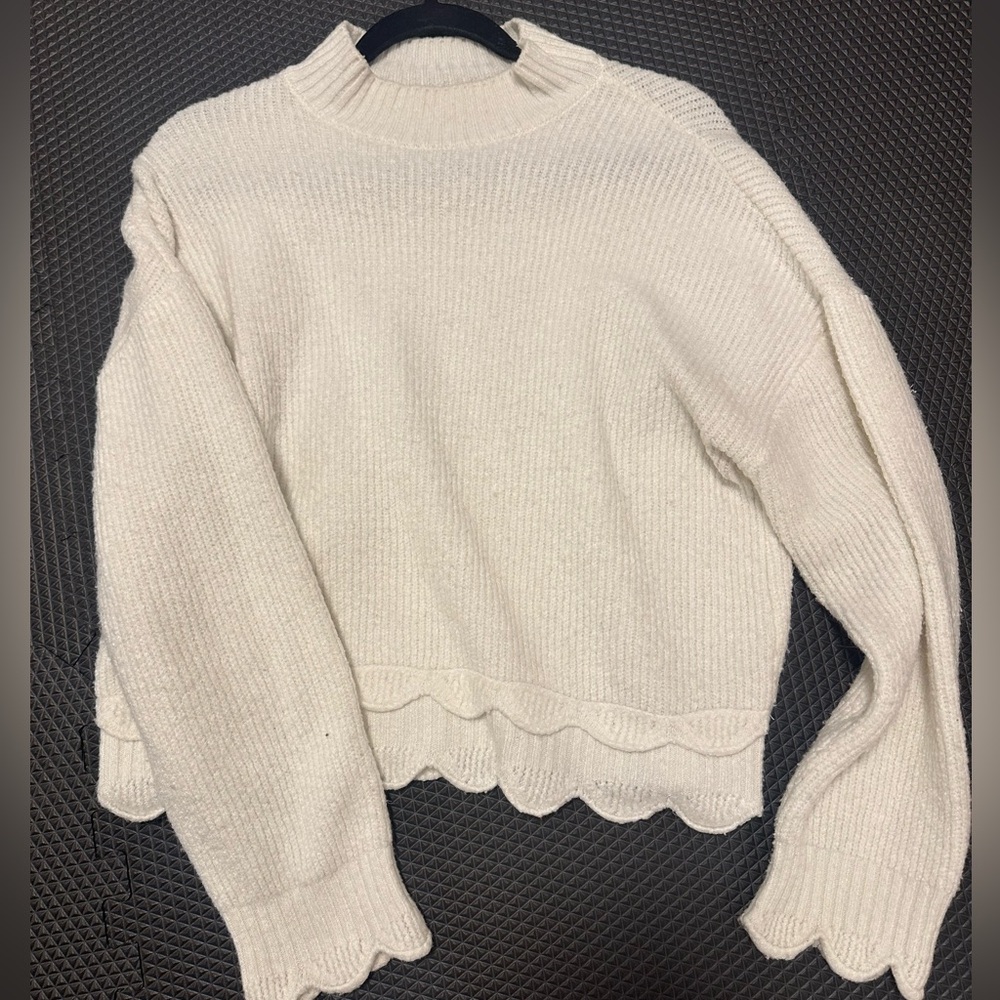 Mango Cream Scalloped Hem Turtleneck Sweater